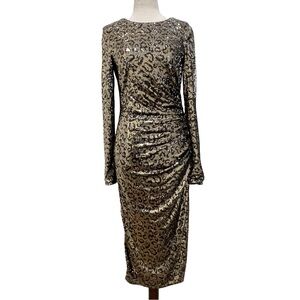 Dress The Population Emilia Leopard Gold Sequin Long Sleeve  Dress Size Small